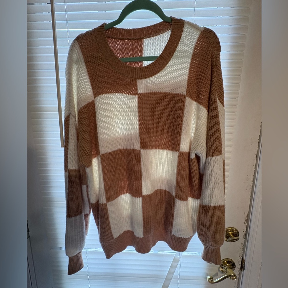 Elegant Brown and White Checkered Women's Sweater